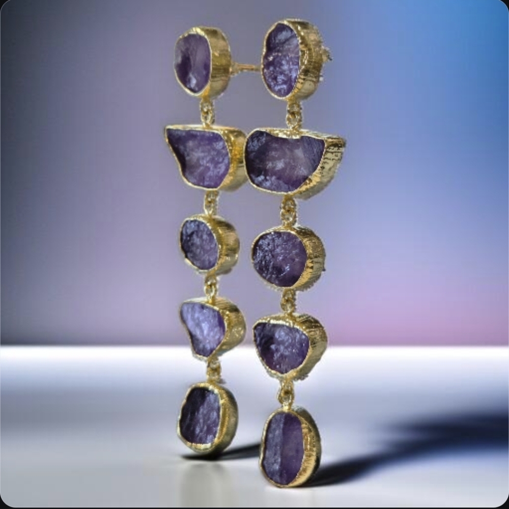 22k Gold Plated Genuine Raw Amethyst Crystal Long Dangle Earrings - Picture 3 of 6